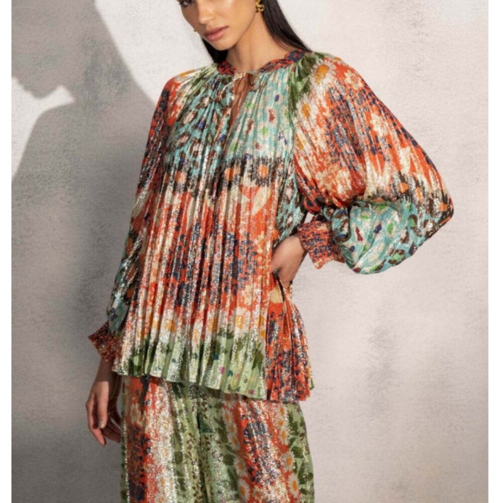 Ranna Gill Women's Orange & Green Shimmer Alani Top & Bottom Set Size Small - Picture 3 of 6